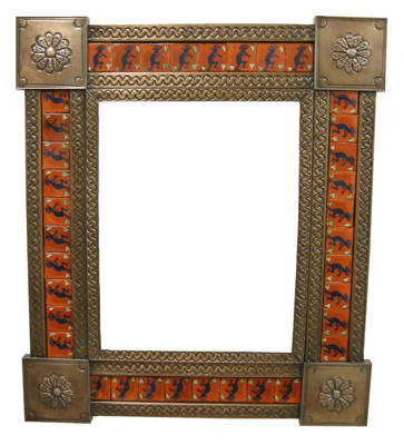 Mexican Tin Mirror with Hand Painted Tiles
