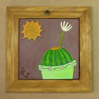 Decorative Wood Frame with Hand Painted Ceramic Cactus